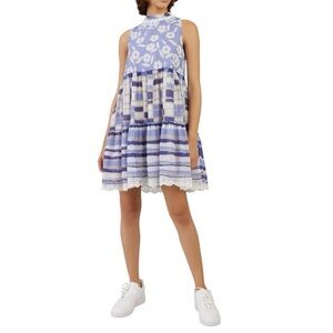 Bunka Blue Cotton Silk Printed Mini Babydoll Dress Size M